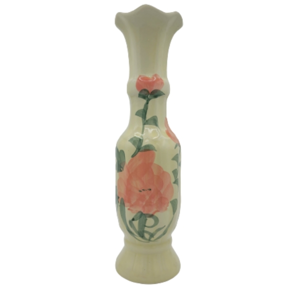 Hand Painted Floral Ceramic Fluted Scalloped Long Neck Amphora Vase Vintage - Picture 8 of 8